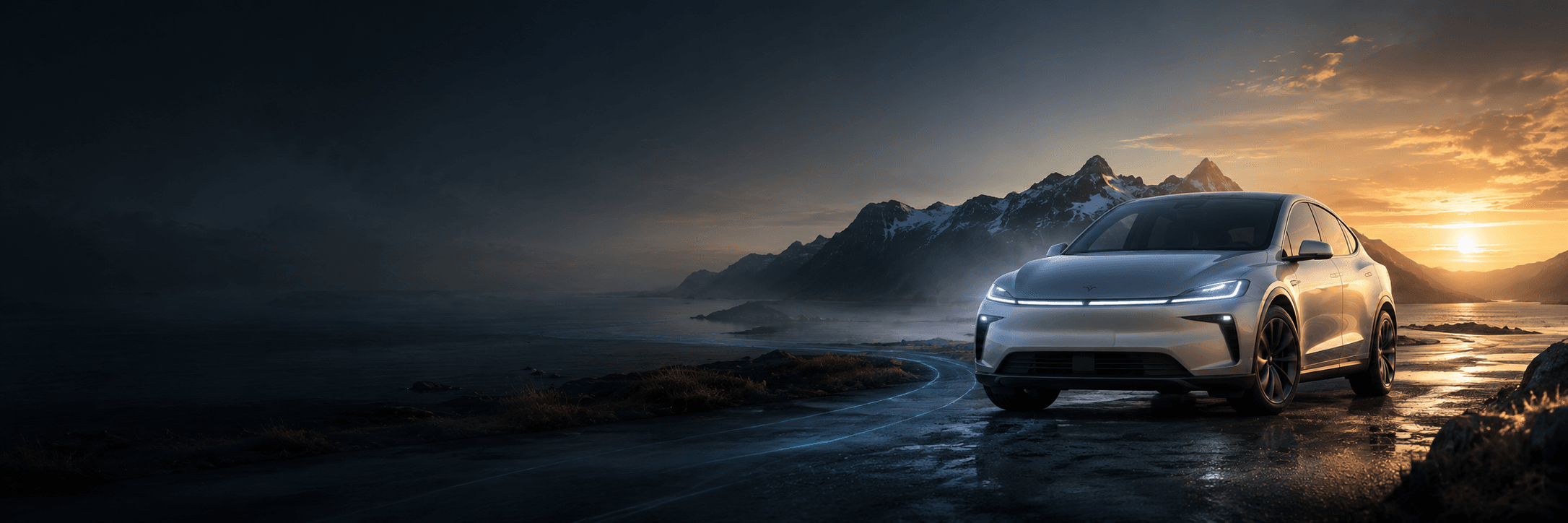White electric vehicle at a coastal dawn, representing the EVStreak connection moment.