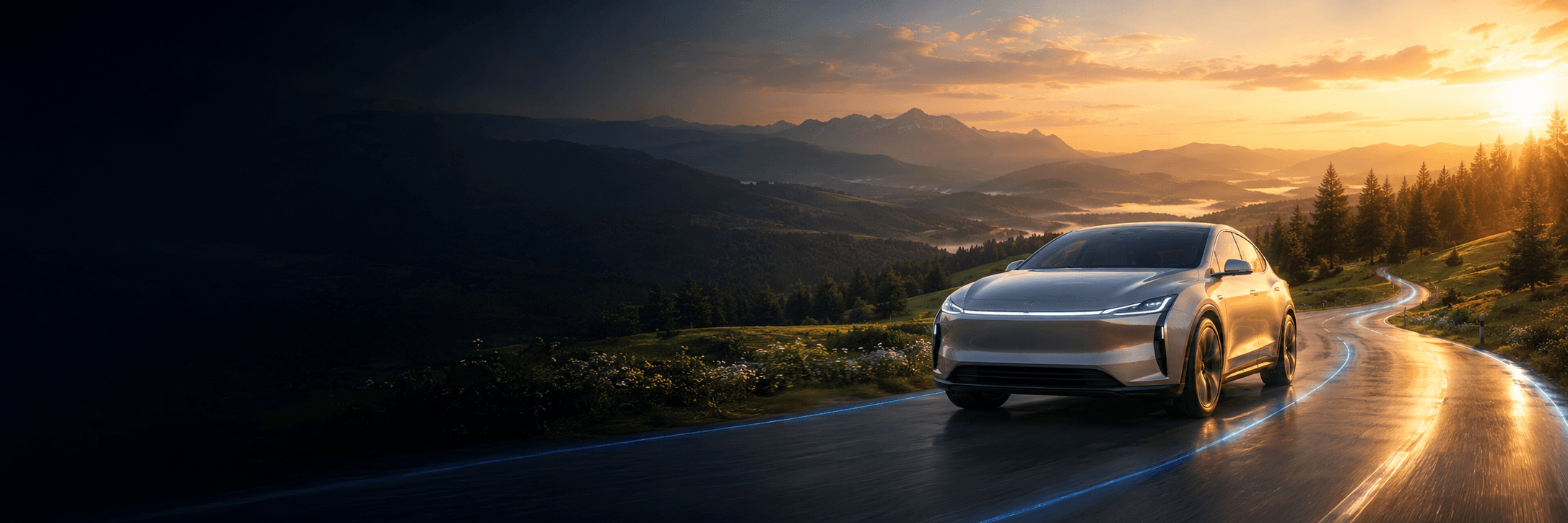 Silver Model 3 at an alpine sunrise, symbolising ownership progress and streak milestones.