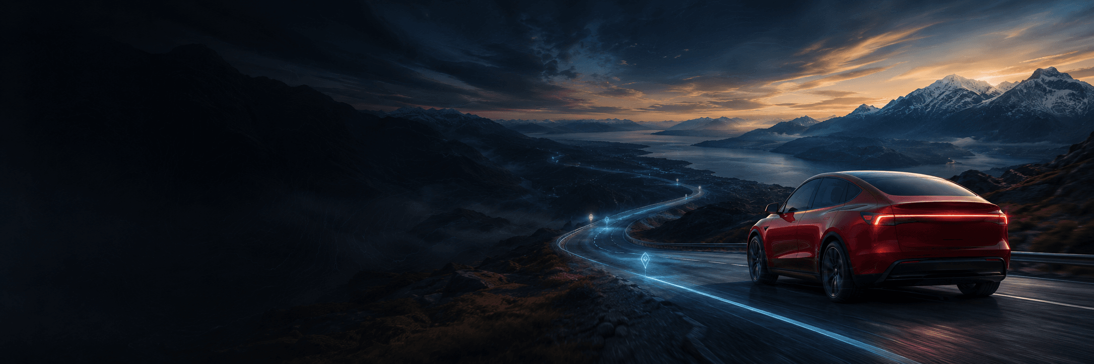 Red Model Y on a mountain highway at night under a streak of stars, evoking drive memory.